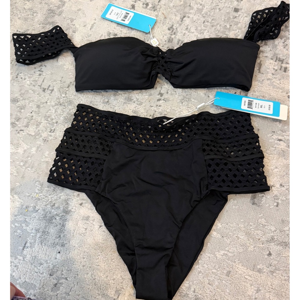 Beach Bunny Hayden Black Off‎ Shoulder High Waist Bikini Set XXL